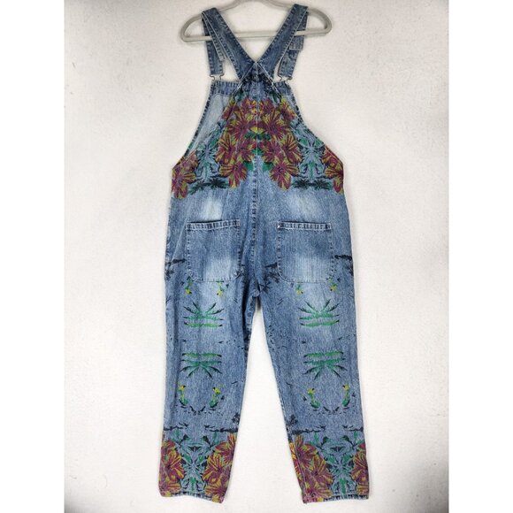Monthorigin Overalls Womens Large Blue Floral Print Bibs Denim Distressed Casual - Picture 9 of 14